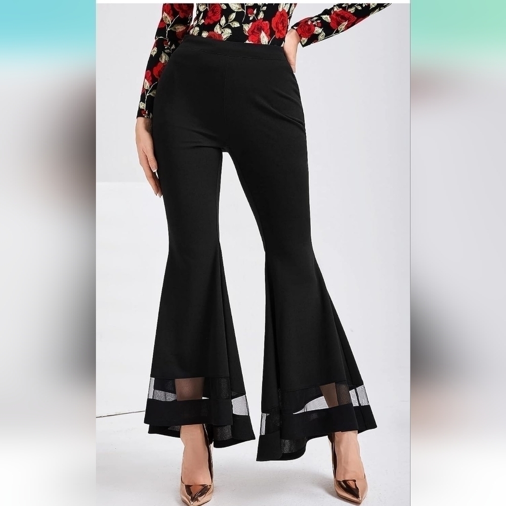 Women Modely Mesh Insert Flare Leg Pants XS